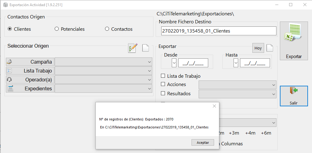 Mensaje de registros exportados