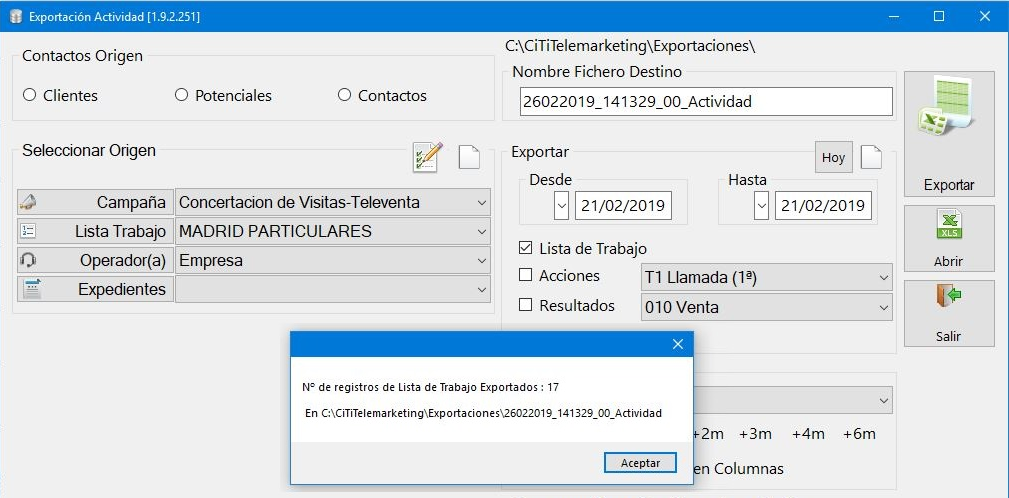 Mensaje de exportación completada