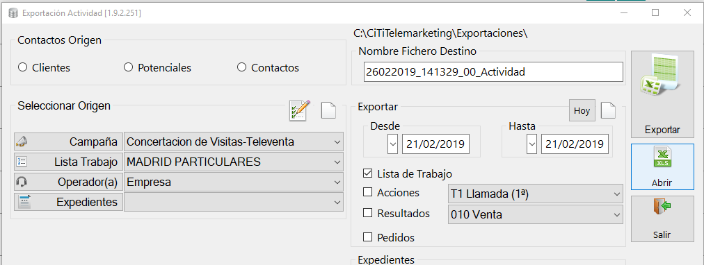 Excel generado de lista de trabajo