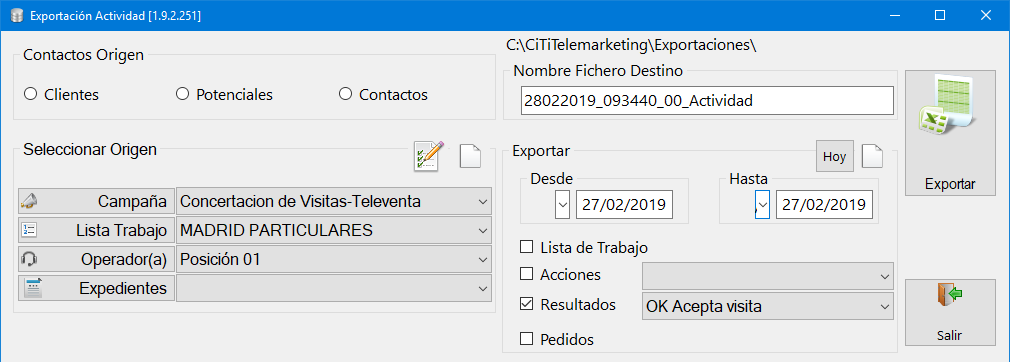 Exportar acciones o resultados