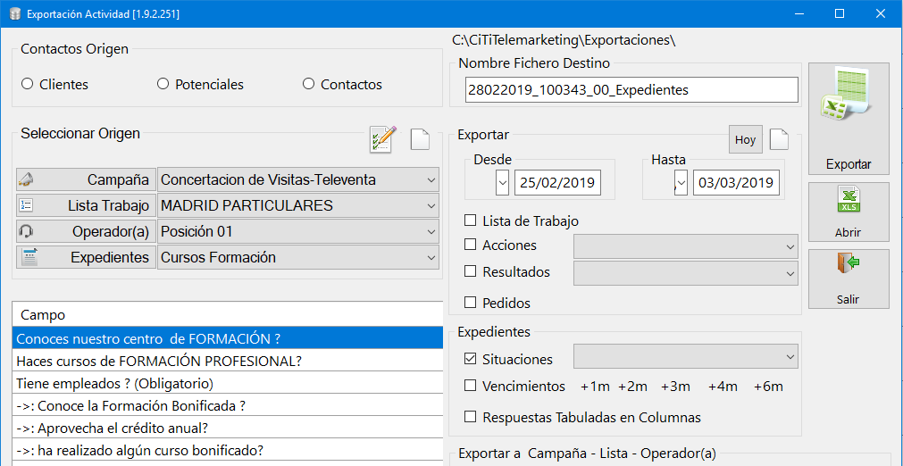 Filtro campaña lista operador