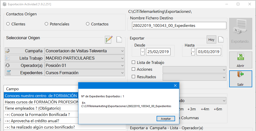 Mensaje exportación situaciones