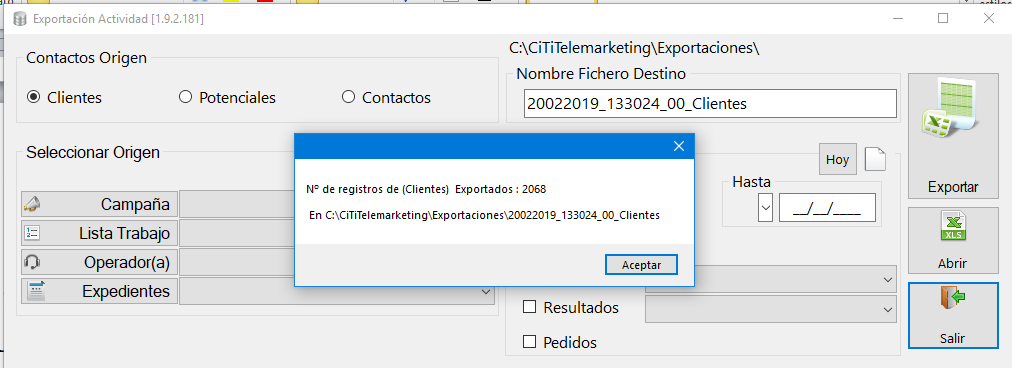 Ruta de ficheros exportados