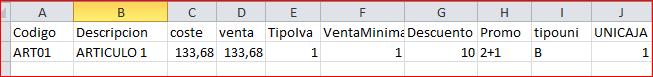 Estructura hoja Excel artículos